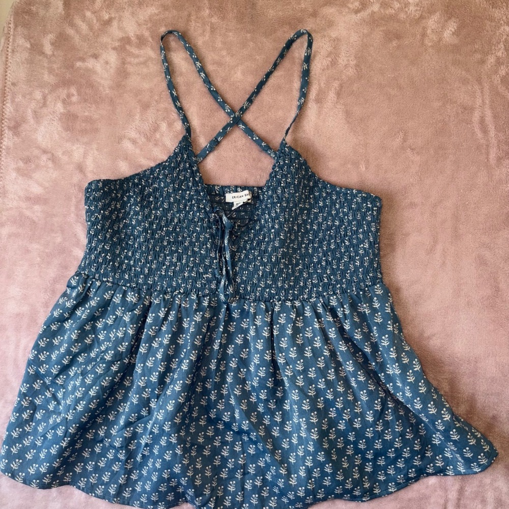 American Eagle Blue Floral Smocked Babydoll Cami Top NWT Medium 035-2351-4781